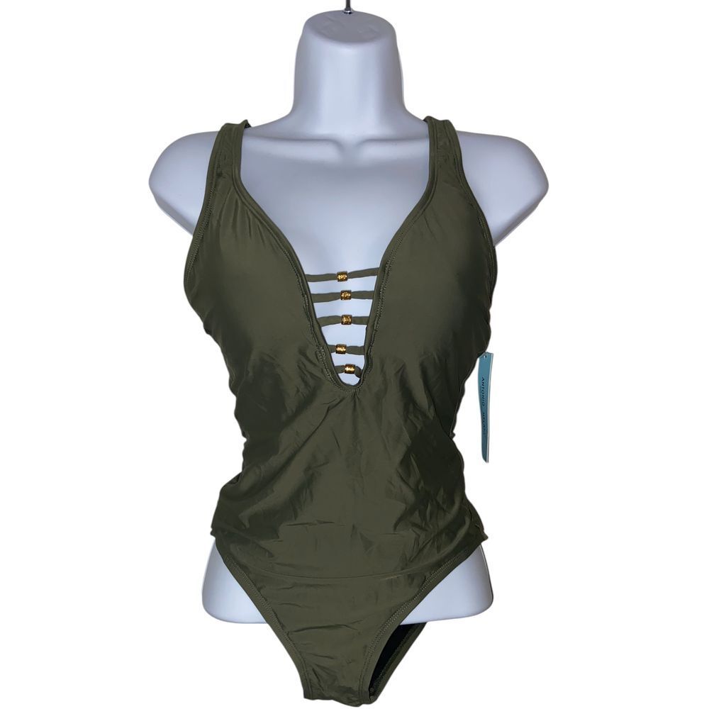 Antonio Melani NWT Green One Piece Swimsuit Strappy Back Detail Gold Hardware XS